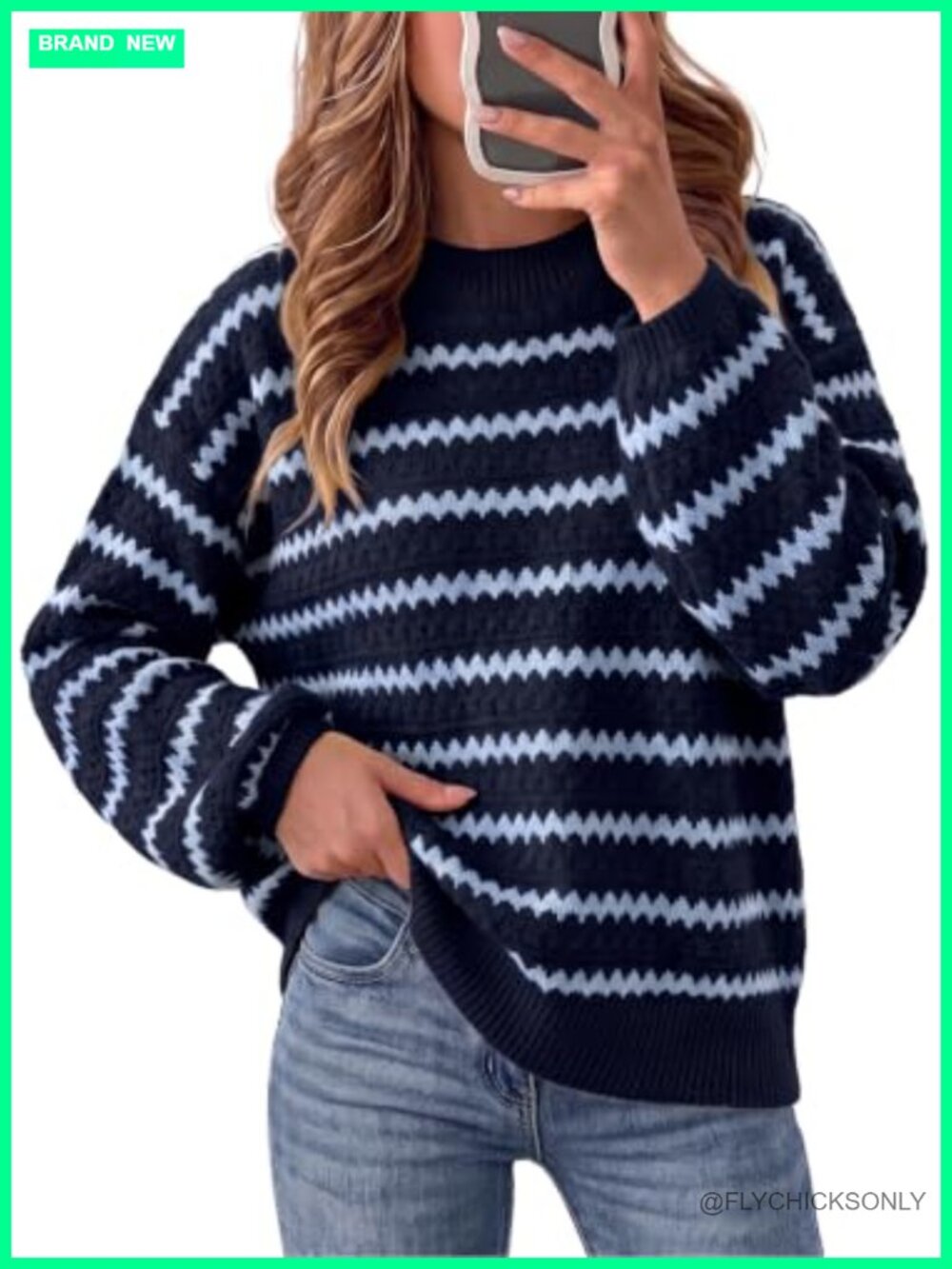 Oversized Striped Color Block Sweater Knit Pullover Crewneck Balloon Sleeve